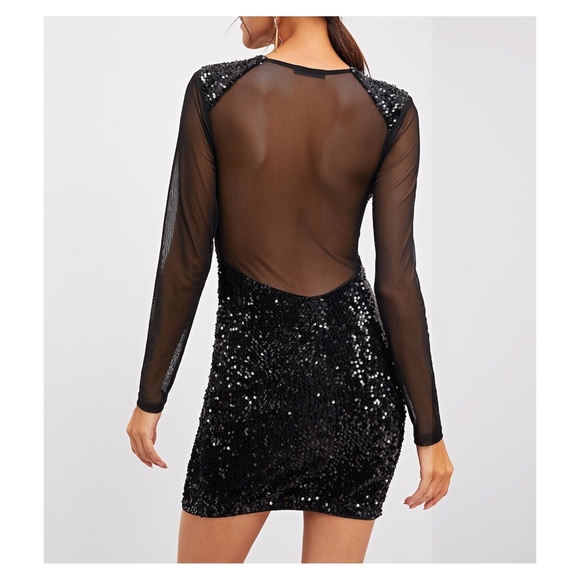 Black Mesh Sleeves Bodycon Sequin Party Dress - Picture 2 of 5